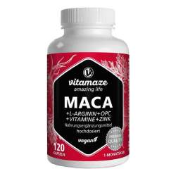 Maca extra hochdosiert + L-Arginin + OPC + Vitamine + Zink 120 vegane Kapseln